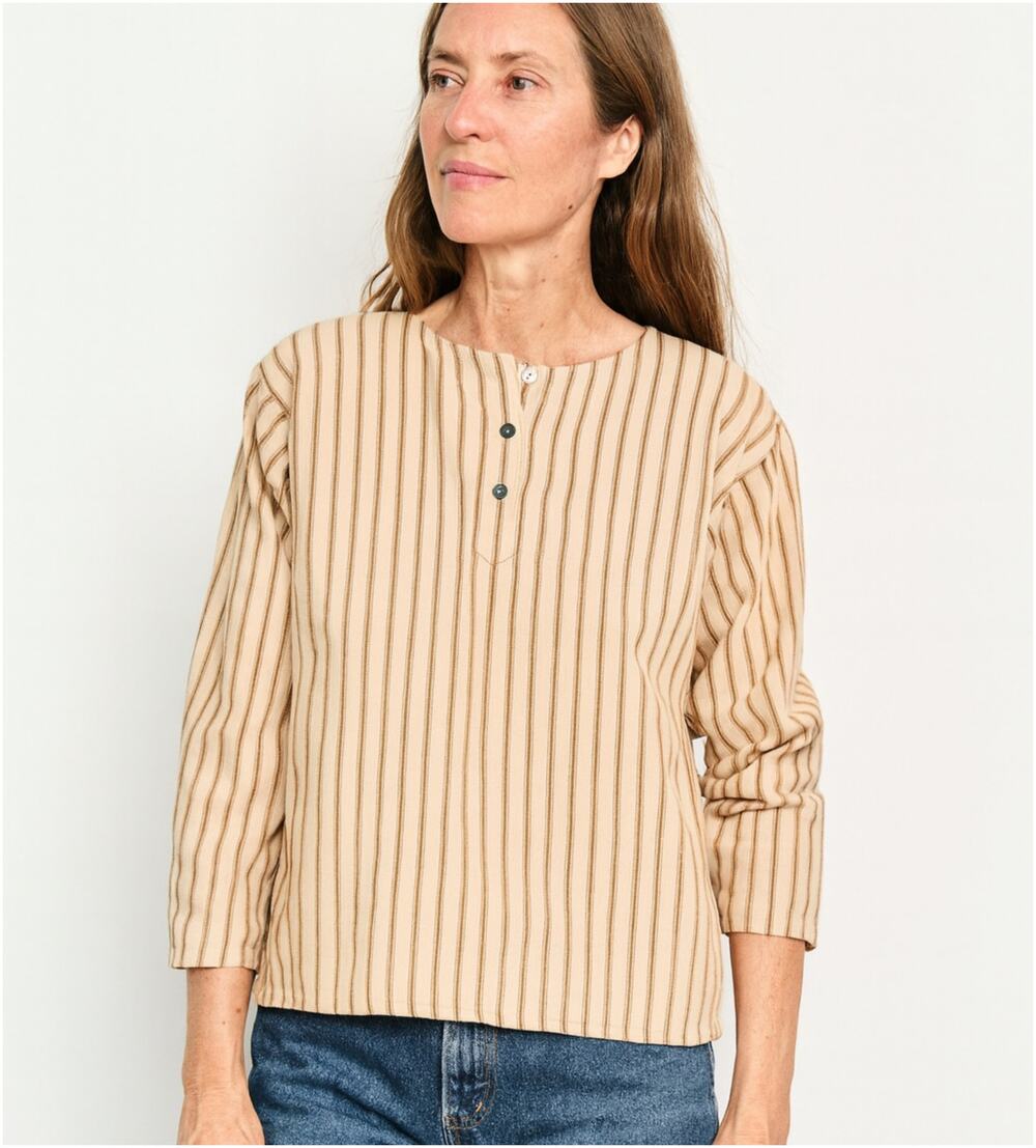 Pietsie Cotton Linen 1/2 button pullover blouse beige striped size M